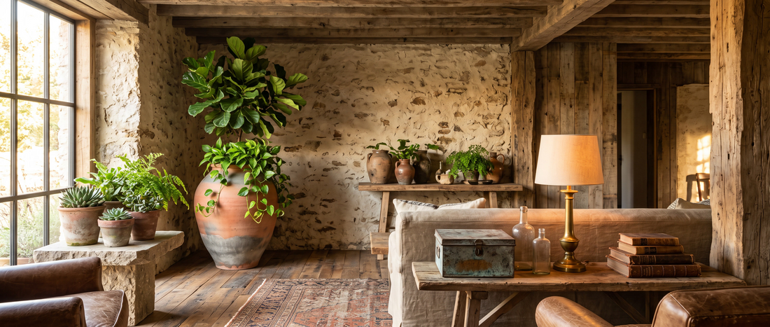 Reclaimed materials and found objects in a warm interior