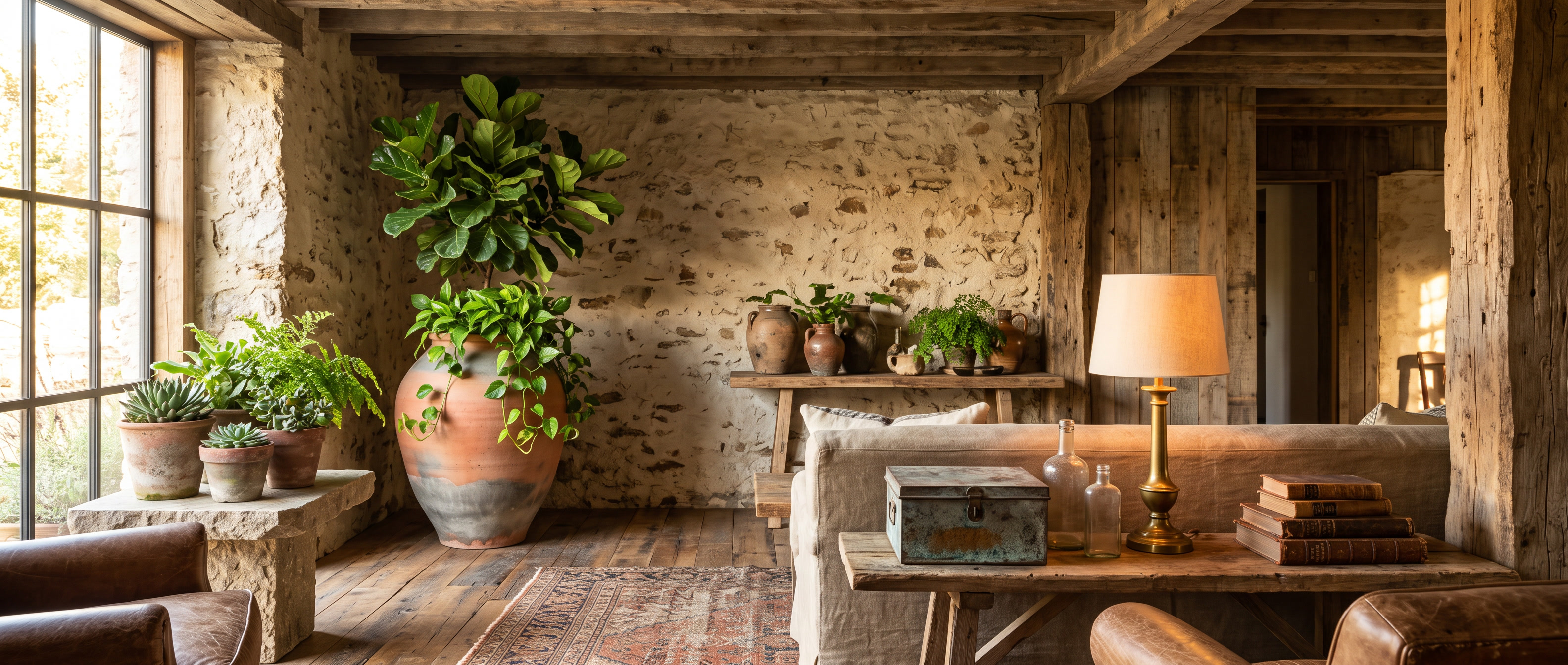 Reclaimed materials and found objects in a warm interior