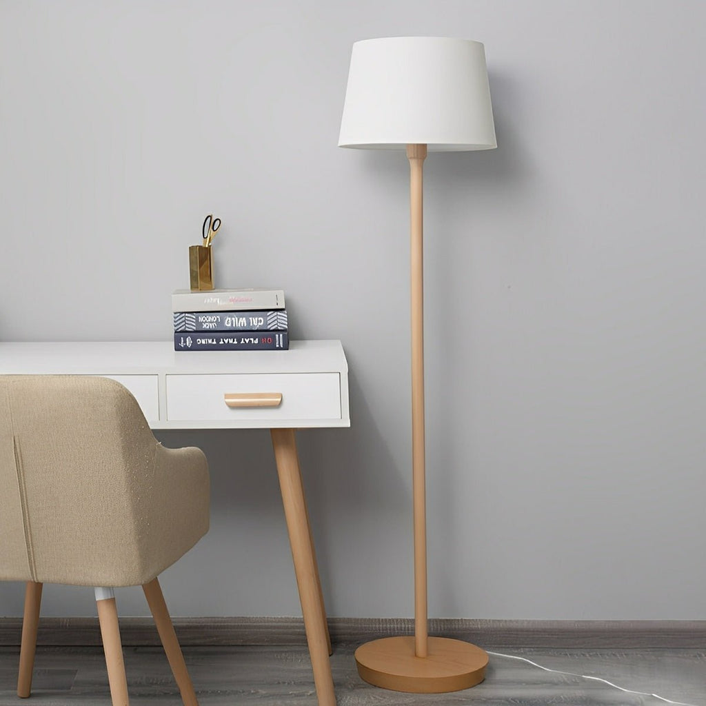 Modern Beech Wood Fabric Drum Shade LED Floor Lamp