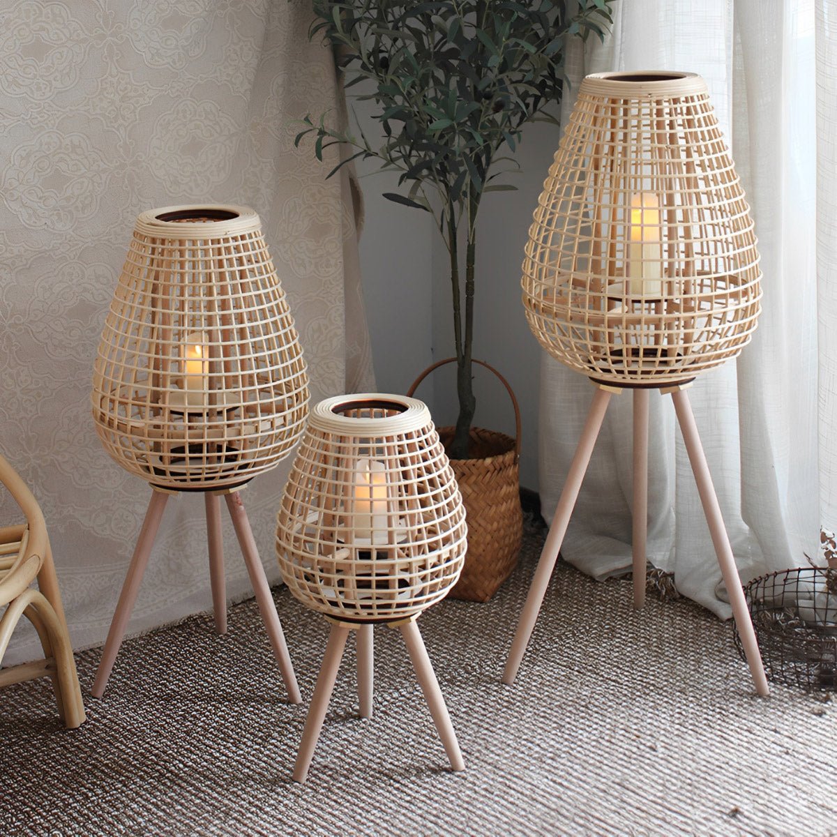 Vintage Handmade Rattan LED Candle Lantern Floor Lamp
