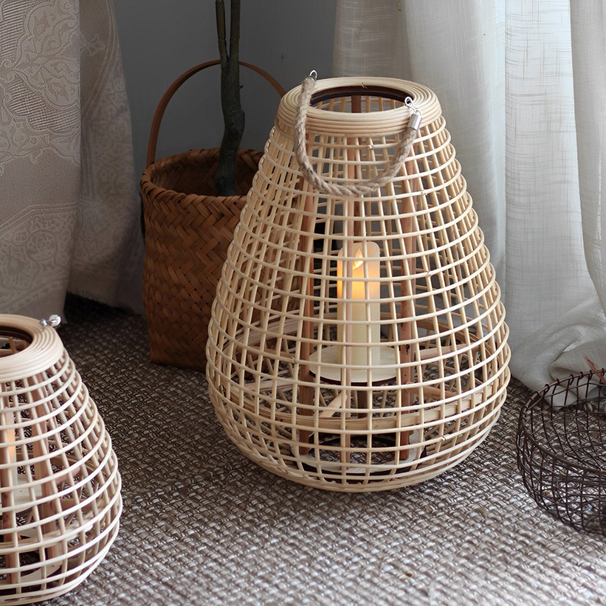 Vintage Handmade Rattan LED Candle Lantern Floor Lamp
