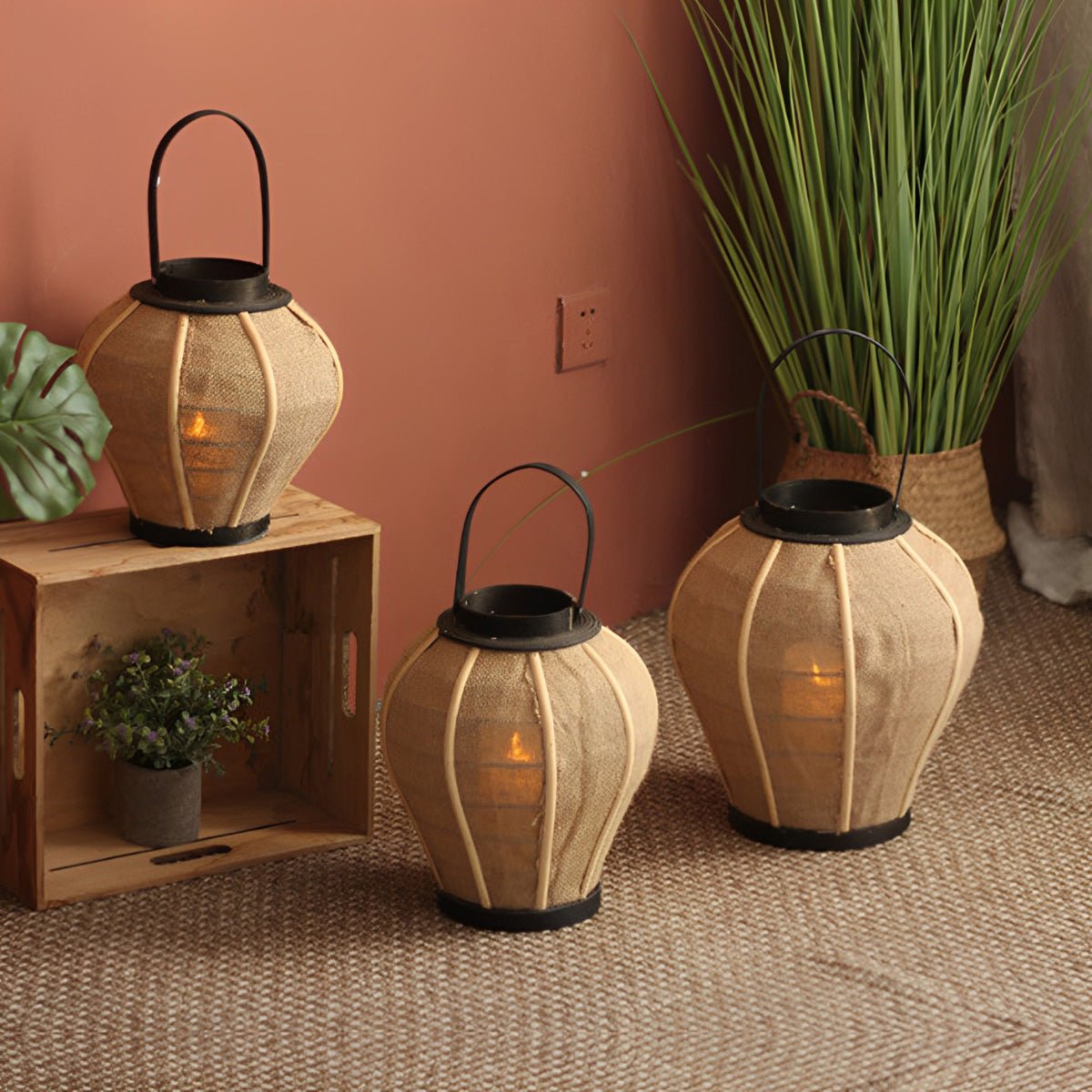 Vintage Handmade Wood LED Candle Lantern Floor Lamp