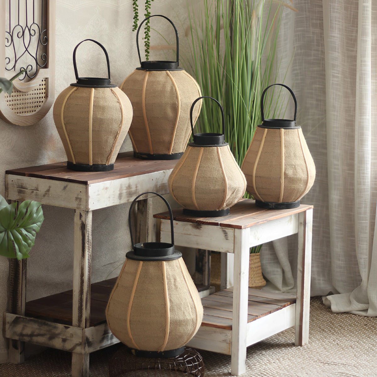 Vintage Handmade Wood LED Candle Lantern Floor Lamp