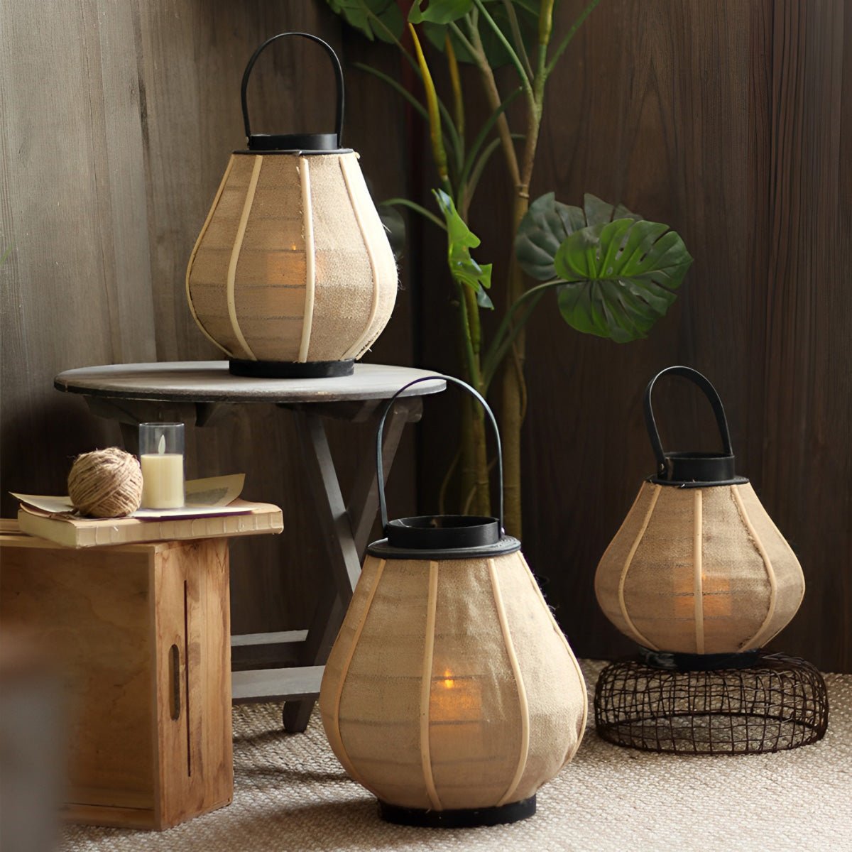 Vintage Handmade Wood LED Candle Lantern Floor Lamp