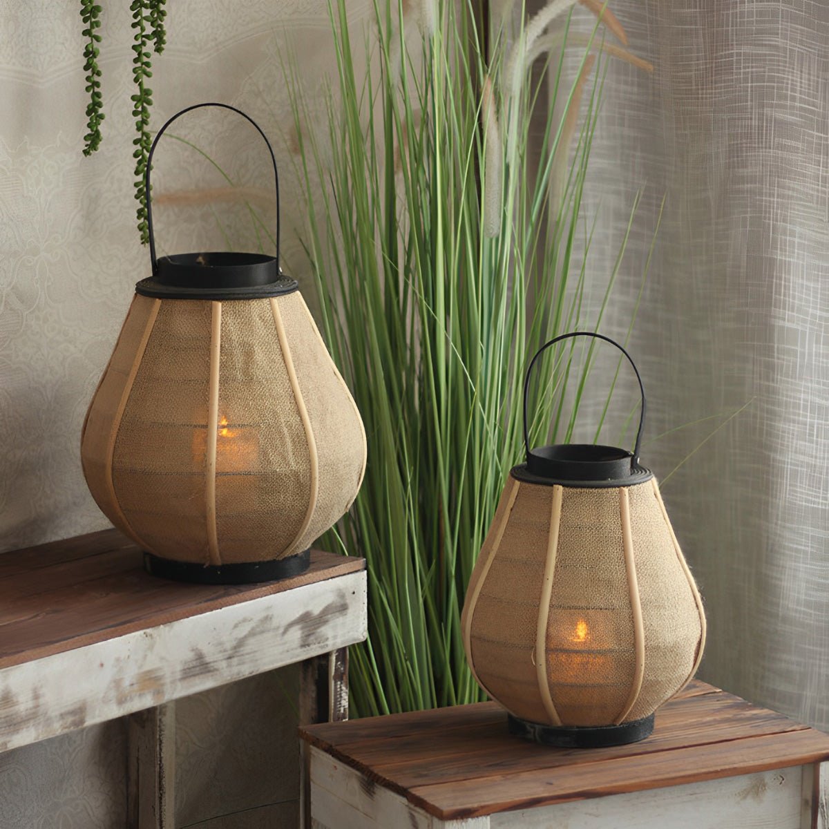 Vintage Handmade Wood LED Candle Lantern Floor Lamp