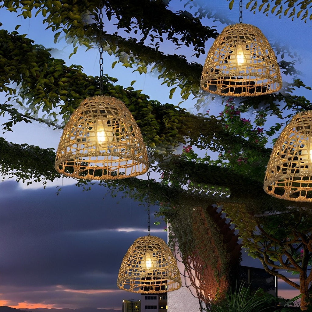 Waterproof Solar Bell Rattan Outdoor Lanterns Pendant Lights
